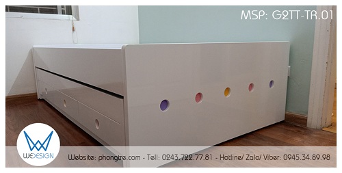 Giường hộp 2 tầng thấp màu trắng trang trí hình tròn
