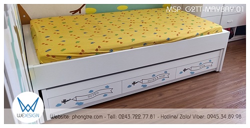 Giường hộp 2 tầng thấp 1mx1m9 trang trí máy bay biểu diễn tên 2 bé G2TT-MAYBAY.01