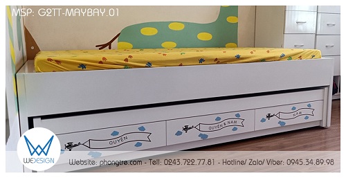 Nhìn từ phía thành giường, giường tầng thấp G2TT-MAYBAY.01 vẫn có thiết kế giống như giường hộp 2 tầng thấp thông thường