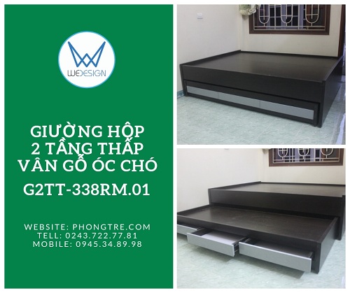 Giường hộp 2 tầng thấp 1m4 có 3 ngăn kéo vân gỗ óc chó G2TT-338RM.01