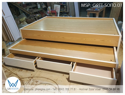 Giường hộp 2 tầng thấp vân gỗ sồi tự nhiên phối trắng G2TT-SOITO.01