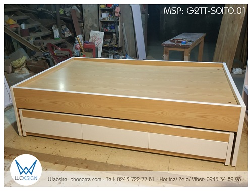 Giường hộp 2 tầng thấp vân gỗ sồi tự nhiên phối trắng