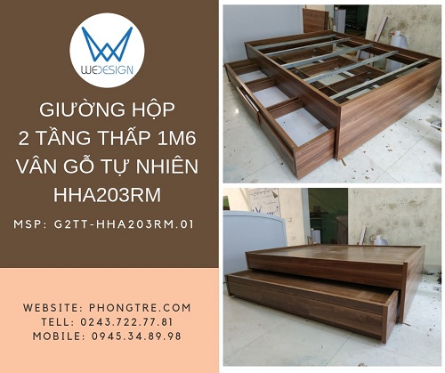 Giường hộp 2 tầng 1m6x2m và 1m5x1m9 vân gỗ tự nhiên nâu đất G2TT-HHA203RM.01