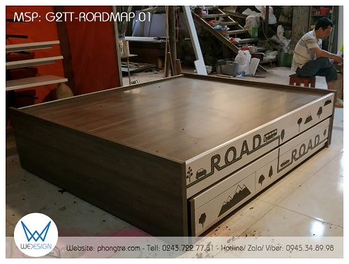 Giường tầng thấp G2TT-ROADMAP.01 sử dụng melamine vân gỗ tự nhiên HHA286RM và trang trí thành giường màu trắng hình Lộ trình đường đi ô tô ROAD