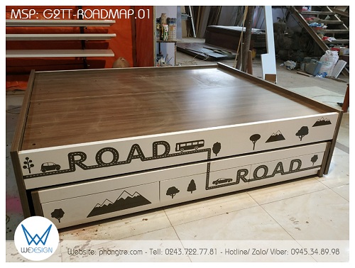 Giường hộp 2 tầng thấp đa năng Road Map vân gỗ tự nhiên