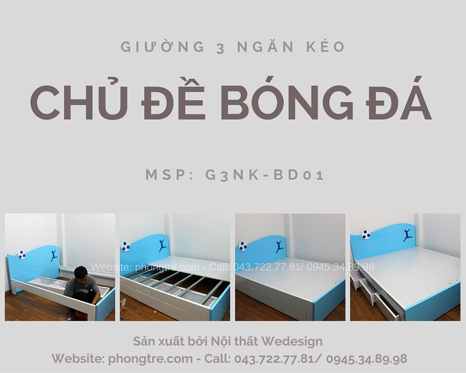 Video giường 3 ngăn kéo chủ đề bóng đá rộng 1m6