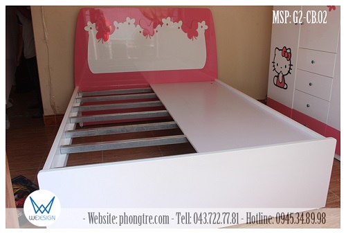 Giường ngủ bé gái MSP: G2-CB.01 sử dụng 2 tấm dát phản làm bằng tấm MDF, dày 1.5cm, tráng Melamin 2 mặt