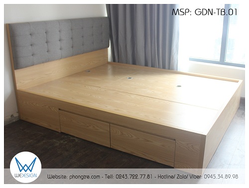 Giường ngủ đa năng vân gỗ tần bì có tựa nỉ GDN-TB.01