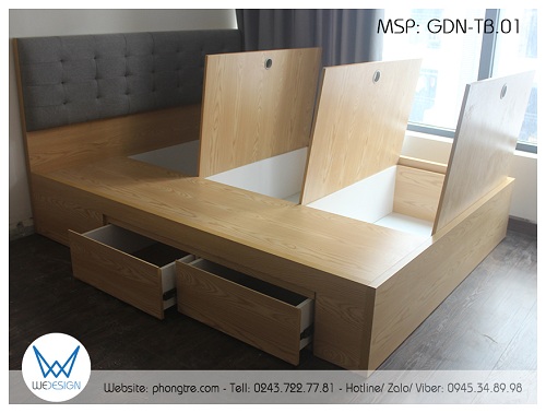 Phần còn lại của giường được làm thành 3 tủ kho sử dụng cánh mở để đóng mở