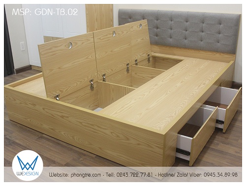 Giường ngủ đa năng GDN-TB.02 thiết kế đặt giữa phòng có 4 ngăn kéo 2 bên thành giường và 3 tủ kho cánh mở