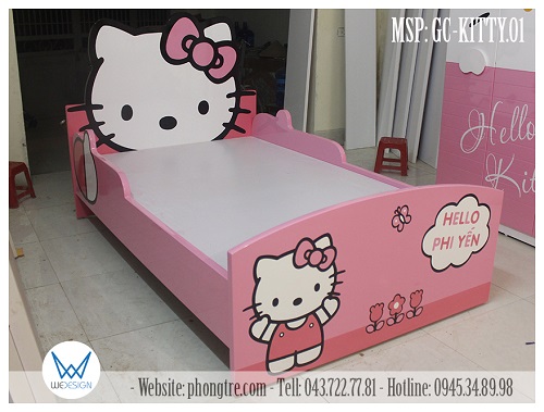 Giường Hello Kitty GC-KITTY.01 sử dụng dát giường nguyên tấm MDF kích thước 1m2x2m 