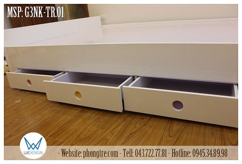 3 ngăn kéo của giường ngủ MSP: G3NK-TR.01 trang trí hình tròn sắc màu hồng phấn, vàng, tím nhạt