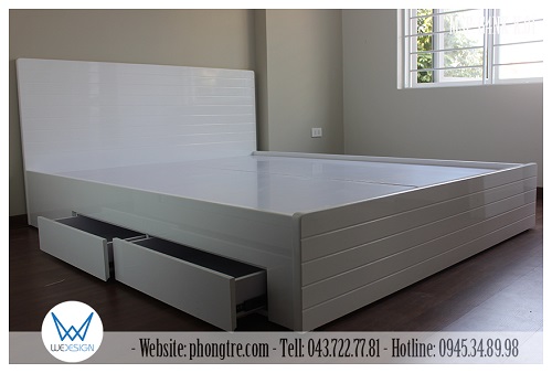 Giường 4 ngăn kéo G4NK-01 màu trắng trang trí kẻ ngang cho đầu thấp và đầu cao, thành và ngăn kéo để trơn