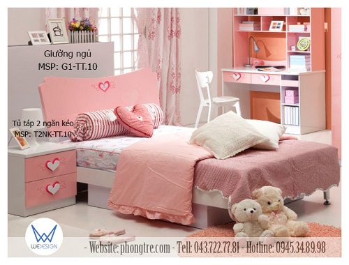 Giường ngủ và tủ táp đầu giường trang trí trái tim có đôi cánh thiên thần