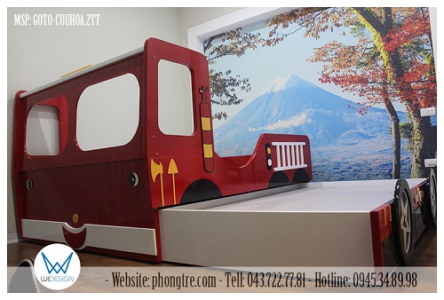 Giường 2 tầng thấp ô tô cứu hỏa MSP: GOTO-CUUHOA.01 được làm với giường tầng trên 1m6x2m, giường tầng dưới 1m2x1m9 có 3 ngăn kéo
