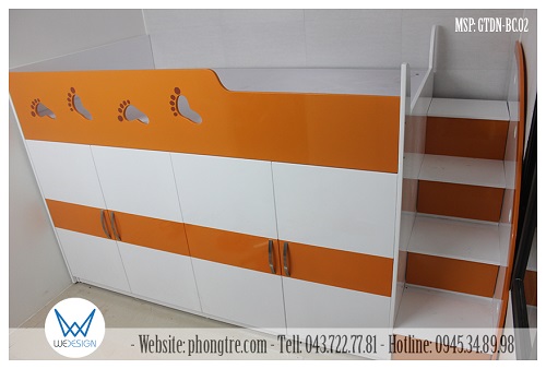 Giường tầng đa năng MSP: GTDN có tủ quần áo 2m, giường ngủ 1m2x2m, tủ kho và cầu thang