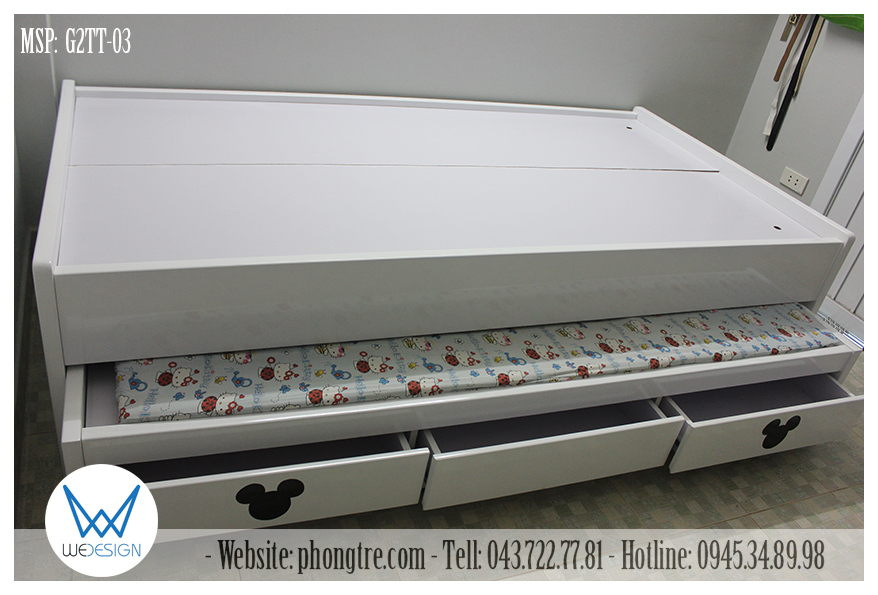Giường 2 tầng thấp Mickey có 3 ngăn kéo màu trắng