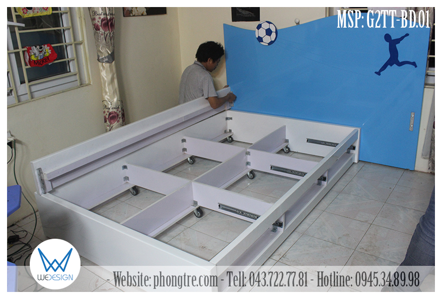 Giường tầng thấp chủ đề bóng đá có giường trên rộng 1m6, giường dưới rộng 1m2