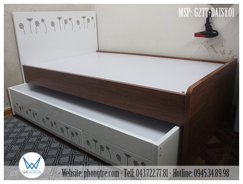 Giường tầng thấp vân gỗ lát trang trí hoa cúc họa mi