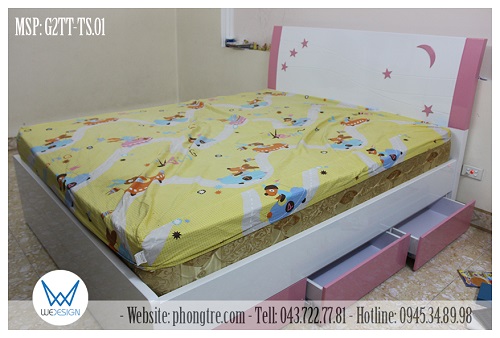 Giường tầng thấp trang trí trăng sao kích thước 1m6 đặt giữa phòng tận dụng phần gầm làm thêm 3 ngăn kéo