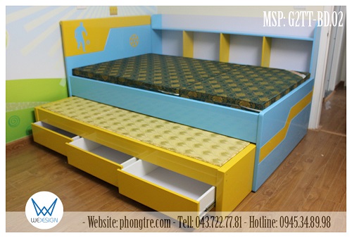 Giường 2 tầng thấp có 3 ngăn kéo liền kệ sách MSP: G2TT-BD.02