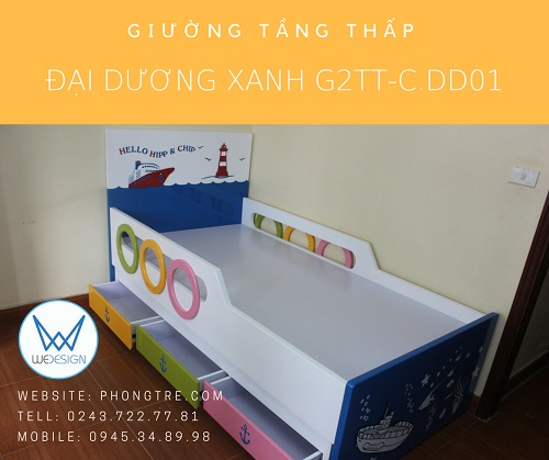 Giường tầng thấp đại dương xanh G2TT-C.DD01 có thành chắn và 3 ngăn kéo