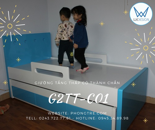 Giường tầng thấp có thành chắn và 3 ngăn kéo trang trí hình tròn G2TT-C01 màu xanh da trời phối cùng màu trắng