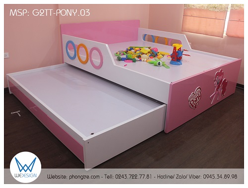 2 tầng giường của giường tầng thấp có thành chắn và 3 ngăn kéo MSP: G2TT-PONY.03 đều sử dụng dát phản MDF