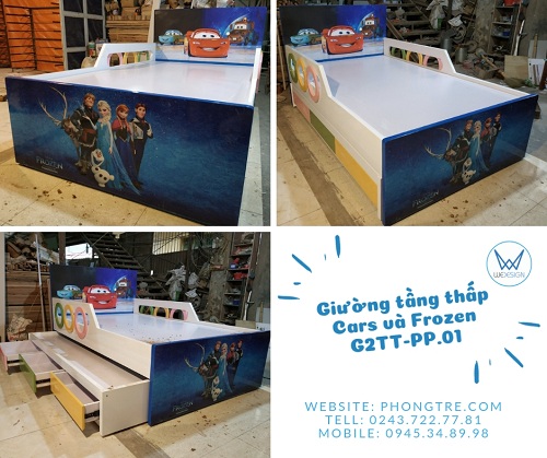 Giường tầng thấp có thành chắn và 3 ngăn kéo trang trí Poster phim hoạt hình Cars và Frozen G2TT-PP.01