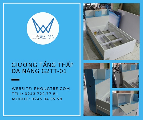 Giường tầng thấp đa năng G2TT-01 cung cấp cho trẻ 2 tầng giường ngủ, kệ để sách, tủ kho để chăn gối, 3 ngăn kéo để đồ chơi