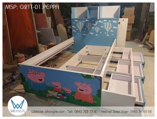 Giường tầng thấp đa năng G2TT-01.PEPPA trang trí chủ đề Gia đình Heo Peppa đi dã ngoại lễ hội khinh khí cầu