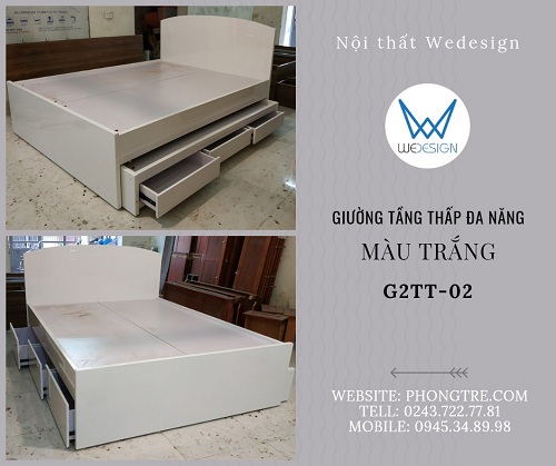 Giường tầng thấp đa năng có 6 ngăn kéo G2TT-02 màu trắng