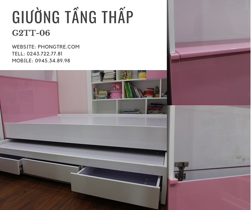 Giường tầng thấp đa năng G2TT-06 có đầu cao giường là tủ kho để chăn và 3 ngăn kéo ở giường tầng dưới