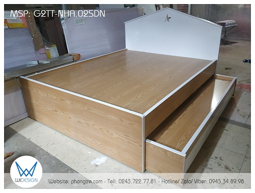 Đầu cao giường thiết kế tạo hình ngôi nhà ngôi sao màu trắng mái gỗ sồi