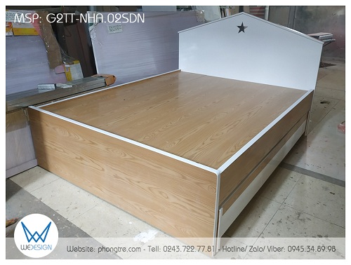 Giường ngôi nhà ngôi sao 2 tầng thấp 1m6 và 1m2 phối vân gỗ sồi và màu trắng thiết kế đa năng G2TT-NHA.02SDN