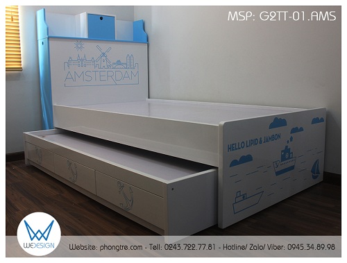 Giường tầng thấp đa năng G2TT-01.AMS trang trí chủ đề thành phố Amsterdam với 2 màu sắc trắng và xanh da trời