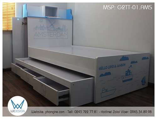 Giường tầng thấp đa năng G2TT-01.AMS trang trí chủ đề thành phố Amsterdam và tên của 2 bé trai