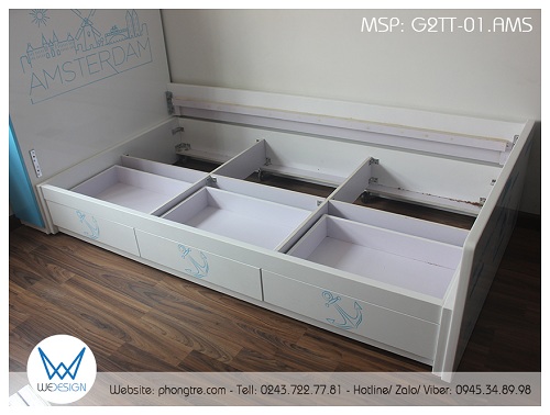 Giường tầng dưới có kết cấu khung xương, 3 ngăn kéo được làm phía thành giường
