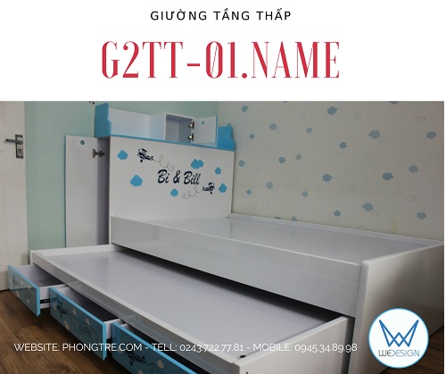 Giường tầng thấp đa năng G2TT-01.NAME trang trí máy tay biển diễn và tên 2 bé trai