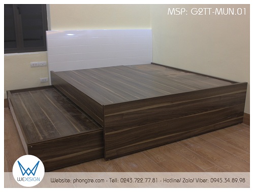 Giường tầng trên và giường tầng dưới đều sử dát phản MDF dày 1,5cm có tráng Melamine 2 mặt và khoan lỗ nhấc dát