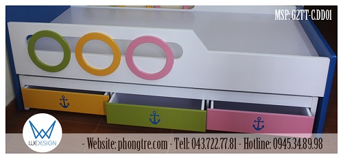 3 ngăn kéo của giường tầng dưới sơn màu xanh cốm - vàng - hồng trang trí mỏ neo màu xanh dương