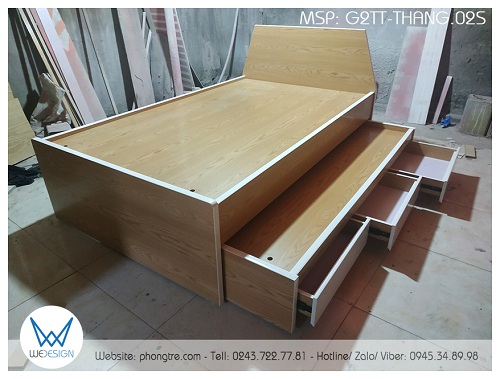 Giường tầng thấp đầu cao hình thang vân gỗ sồi phối trắng