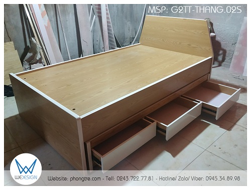 Ngăn kéo của giường tầng dưới được làm bên thành giường cho nhu cầu để gối và chăn mỏng của giường tầng dưới