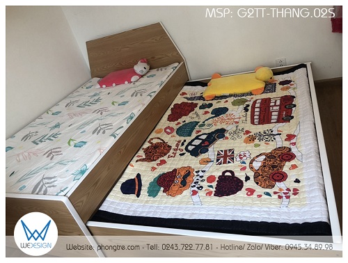 Giường tầng thấp tạo mẫu đầu cao hình thang phối gỗ vân sồi và màu trắng G2TT-THANG.02S