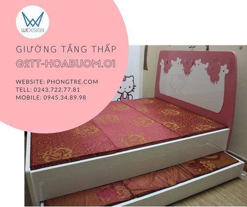Giường tầng thấp trang trí những cánh bướm dập dìu bên vườn hoa xinh G2TT-HOABUOM.01 cho bé gái