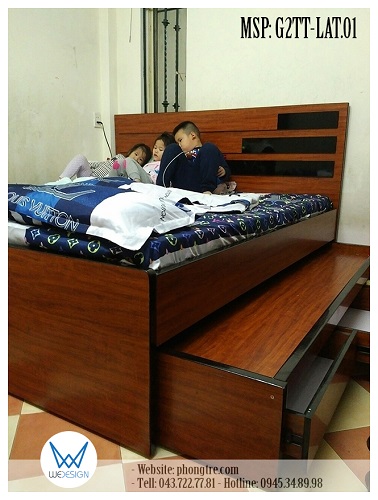 Giường tầng thấp gỗ Melamine vân gỗ Lát phối trang trí cùng màu đen sang trọng