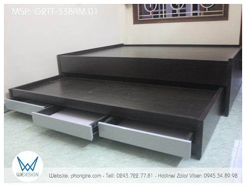 Giường tầng thấp 1m4 vân gỗ óc chó nhà chị Linh