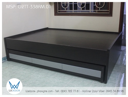 Giường tầng thấp 1m4 vân gỗ óc chó có kiểu dáng giường hộp 2 tầng có 3 ngăn kéo