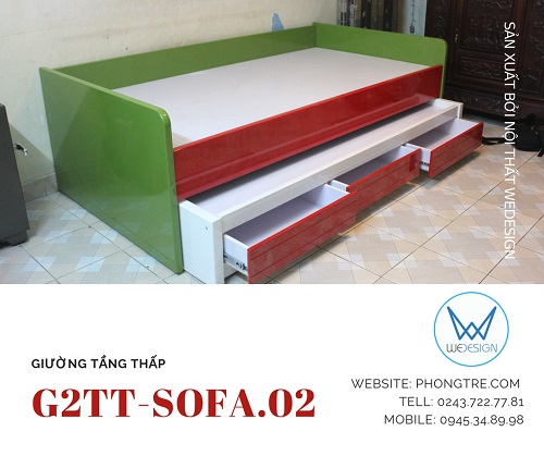 Giường tầng thấp kiểu sofa có 3 ngăn kéo G2TT-SOFA.02 sơn sắc màu yêu thích của trẻ em