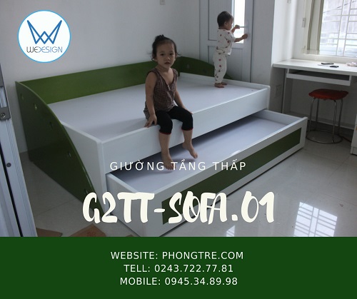 Giường tầng thấp kiểu sofa MSP: G2TT-SOFA.02 màu xanh lá phối cùng màu trắng